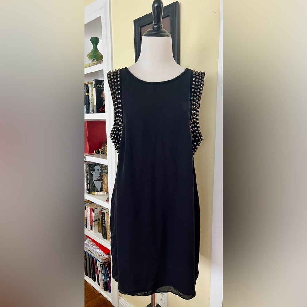 vintage Haute Hippie Dress Black Shift Mini Sleeveless Silver Spike Trim L 2000s - Picture 11 of 11